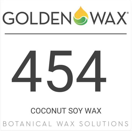 A logo of Golden Wax depicting a wax droplet with the text '454 COCONUT SOY WAX' indicating the type of product.