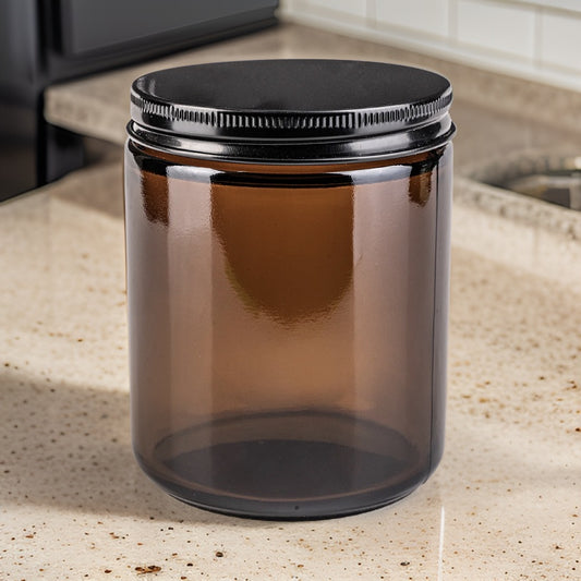 8 oz straight-sided smoked glass jar with black metal lid