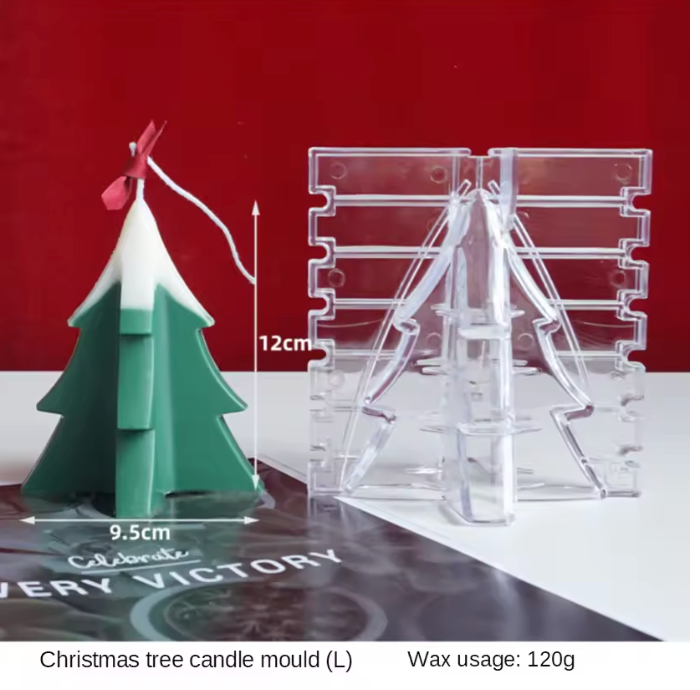 Christmas tree silicone and acrylic candle molds used for holiday candle making.