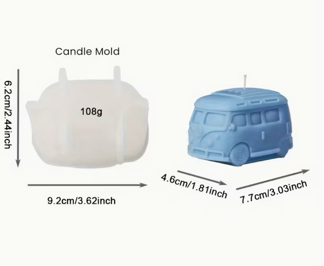 Vintage van silicone candle mold used for making retro 3D van-shaped candles.
