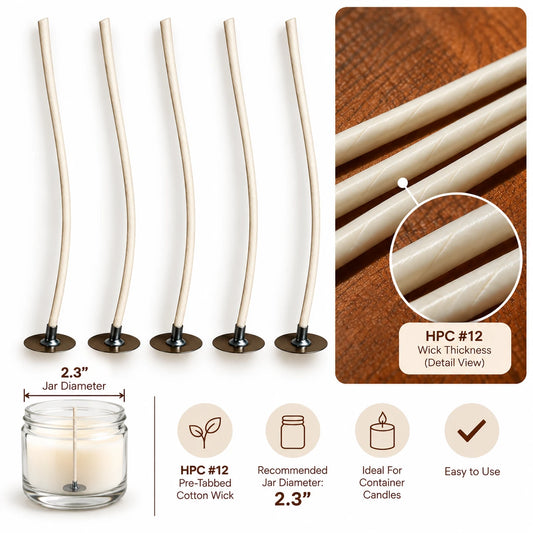 #12 pre-tabbed cotton candle wicks, recommended for a 2.3 in jar diameter