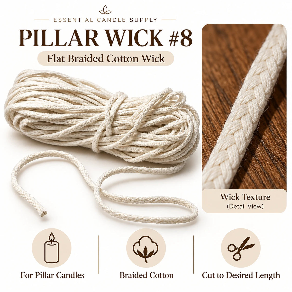 Square braid pillar candle wick on a roll, with a close-up of the braid