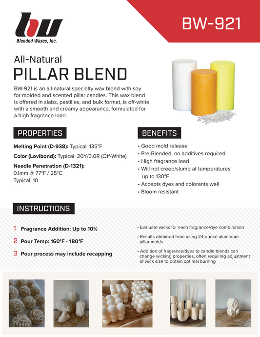BW 921 soy wax pillar blend for molded and freestanding candles