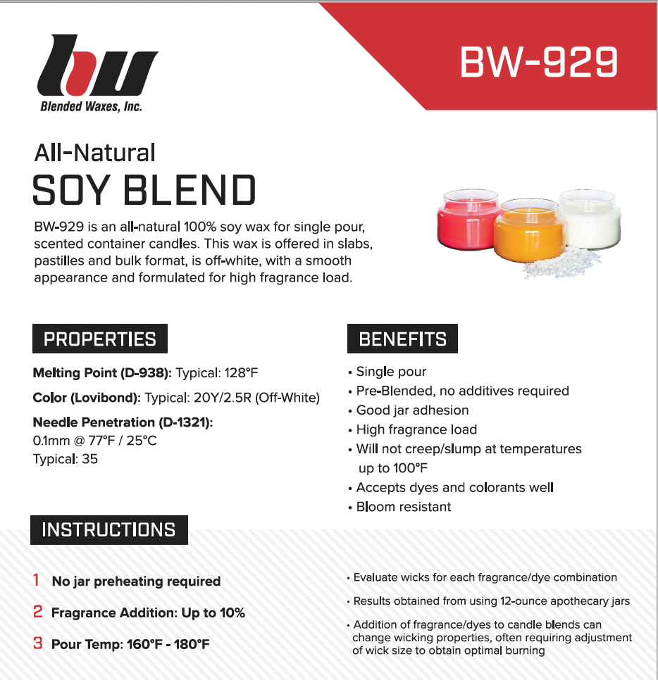 BW 929 Natural Container Wax Blend - 100% Soy Wax - Container Candle Waxes