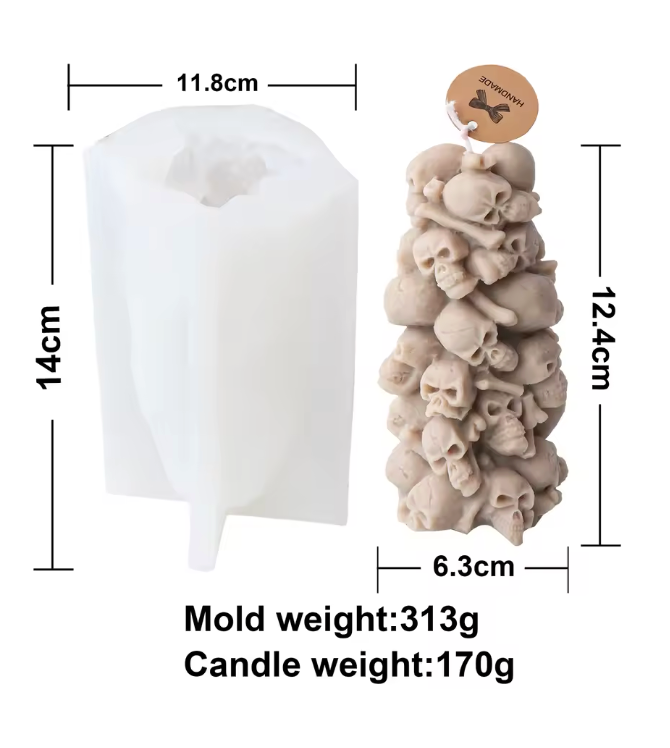 3D skull tower silicone candle mold used to make skeleton column candles.