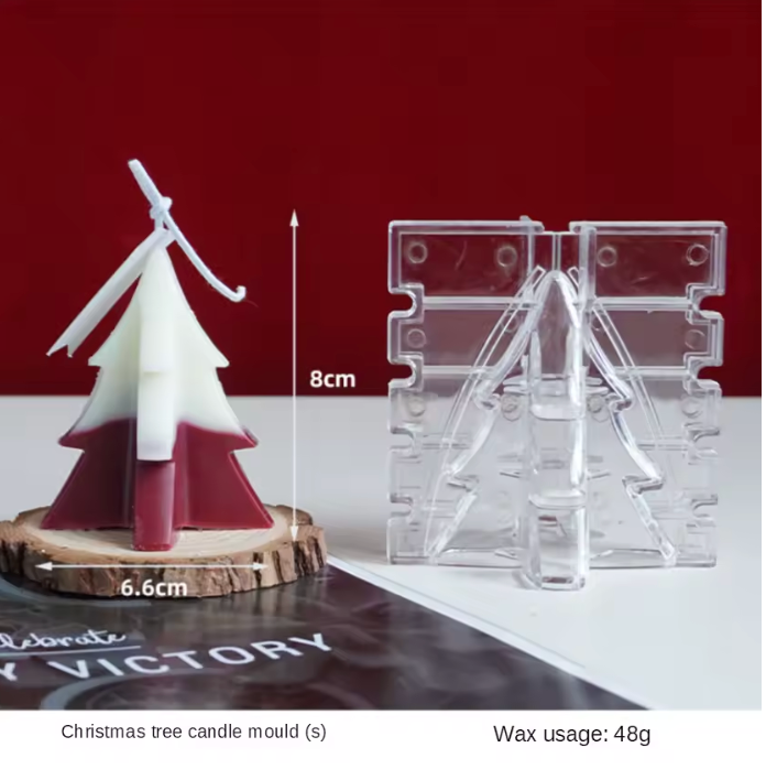 Christmas tree candle mould with dimensions and wax usage on a red background