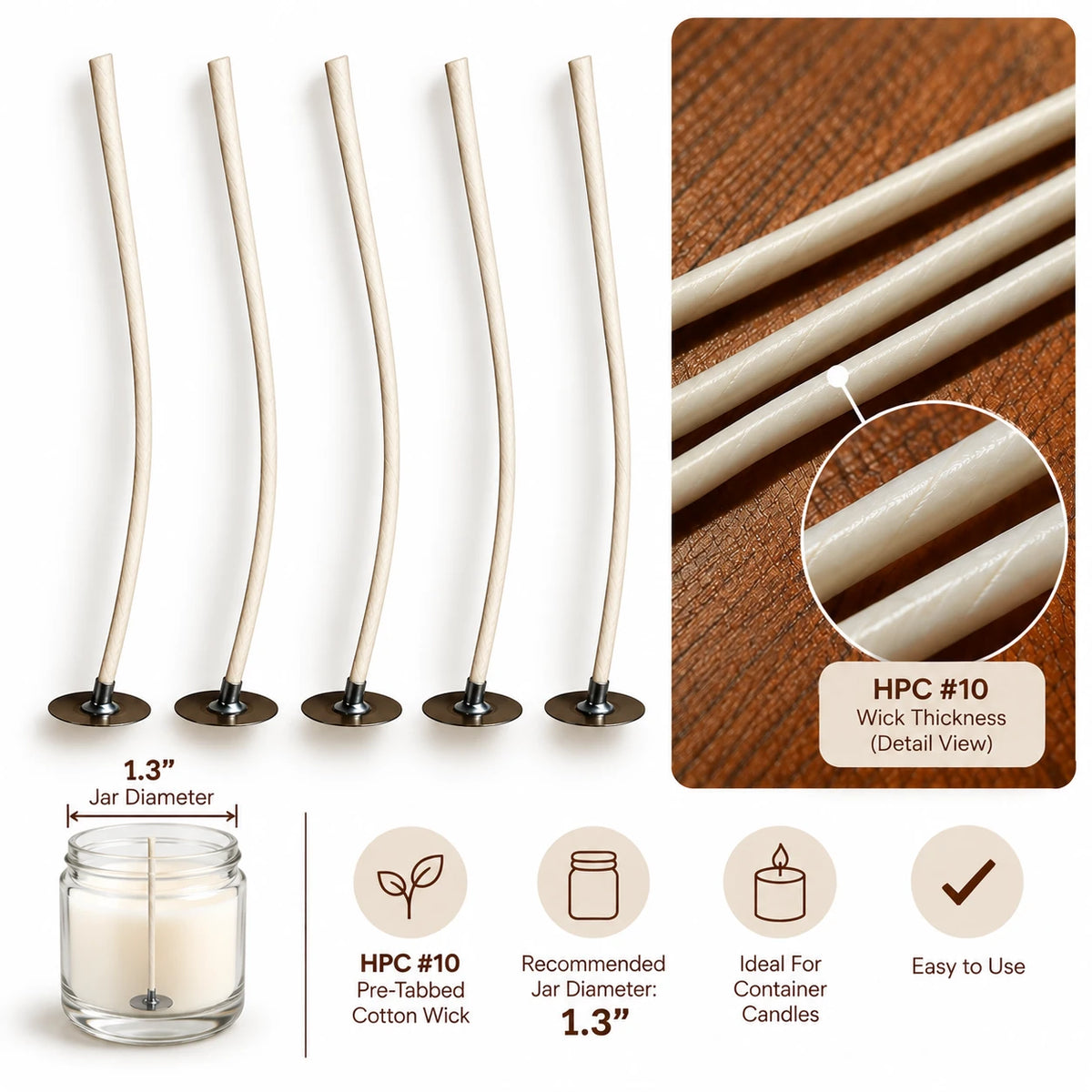 #10 pre-tabbed cotton candle wicks, recommended for a 1.3 in jar diameter