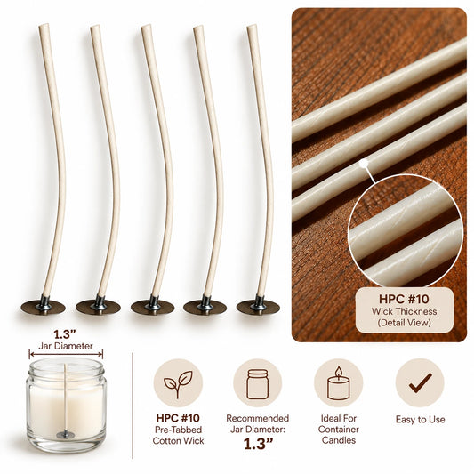 #10 pre-tabbed cotton candle wicks, recommended for a 1.3 in jar diameter