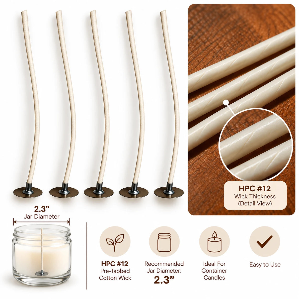 #12 pre-tabbed cotton candle wicks, recommended for a 2.3 in jar diameter