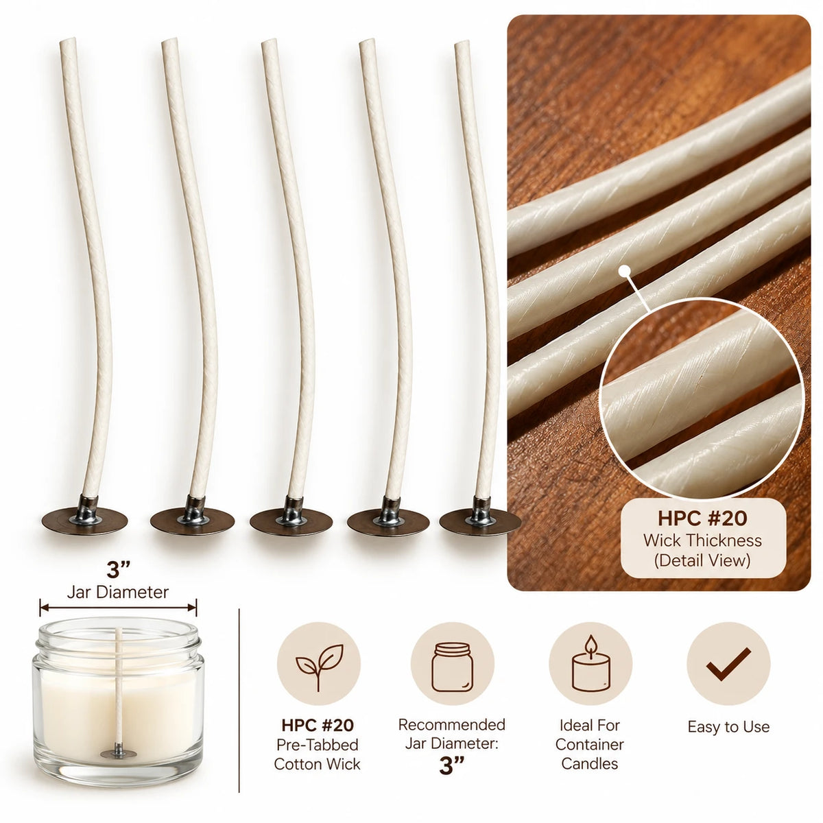#20 pre-tabbed cotton candle wicks, recommended for a 3 in jar diameter