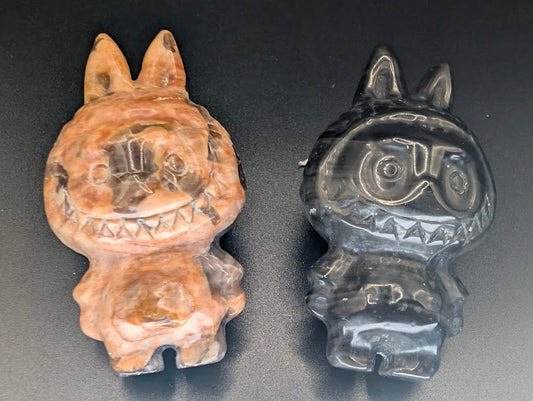 Labubu Carvings 3" – Black Obsidian or Golden Moonstone with Smoky Quartz